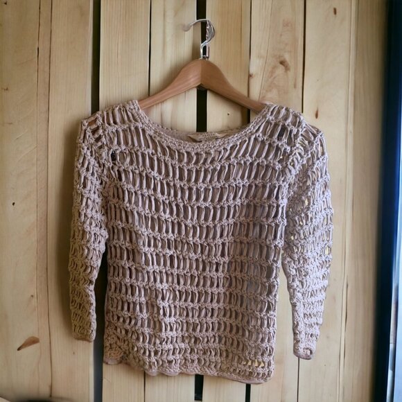 John Paul Richard Womens Sweater Petite Medium Beige Fisherman Mesh Open Knit - Picture 1 of 10